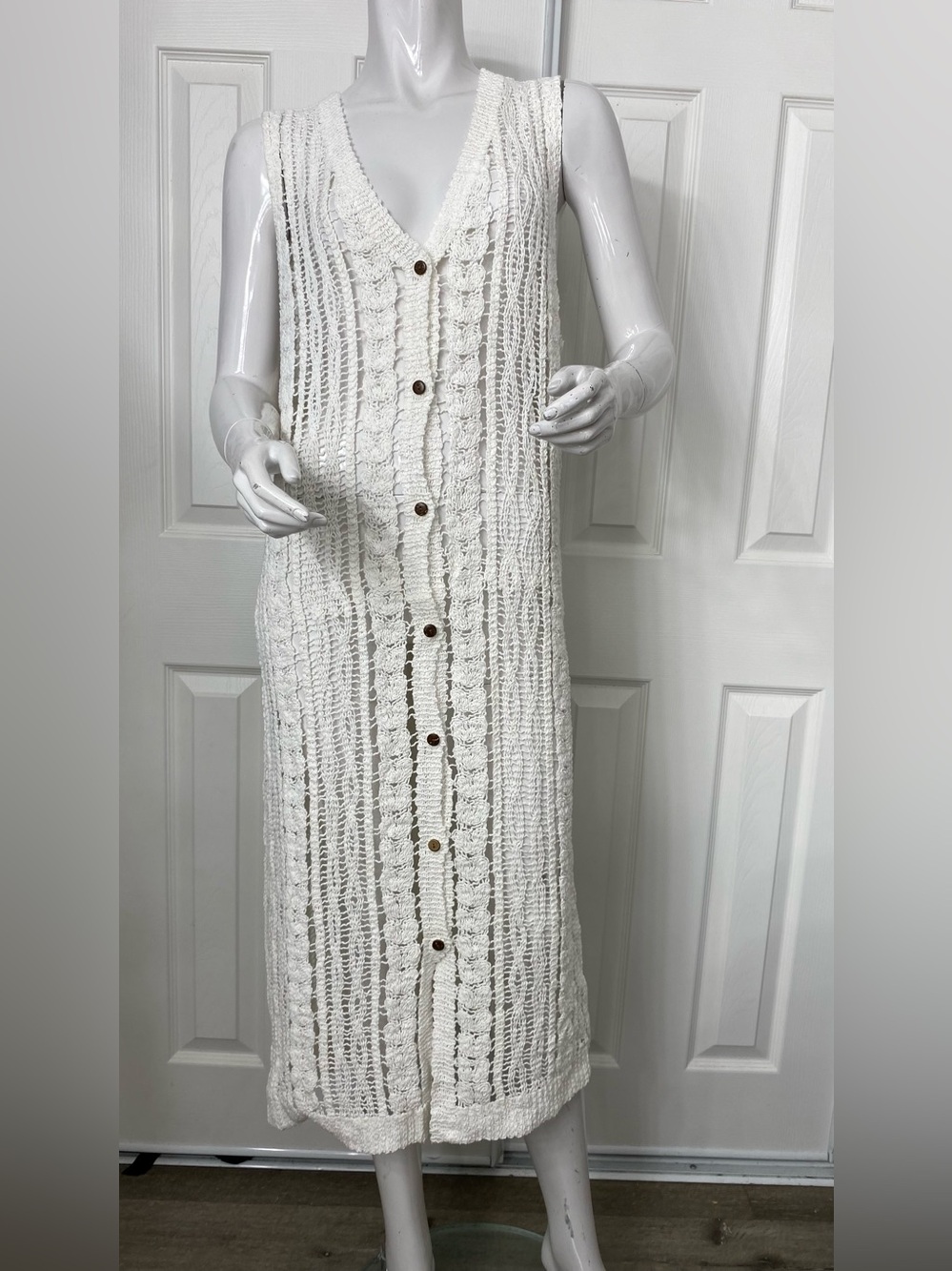 ADORA White Crochet Button-Front Sleeveless Midi Dress
